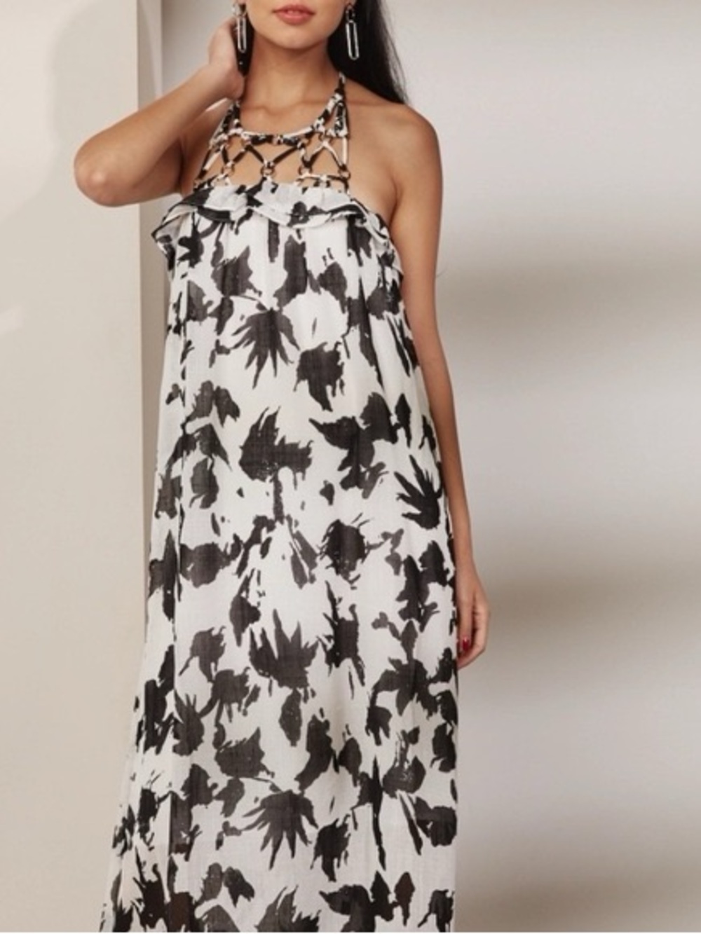 Moon River Black and White Halter Lattice Maxi Dress